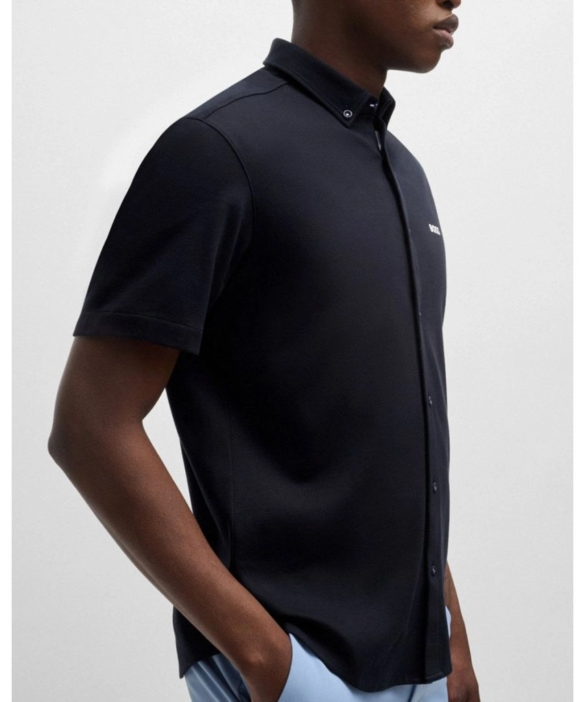 Hugo B Motion Mens Regular-Fit Shirt in Knitted Wrinkle-Resistant Cotton - Dark Blue - Size 2XL